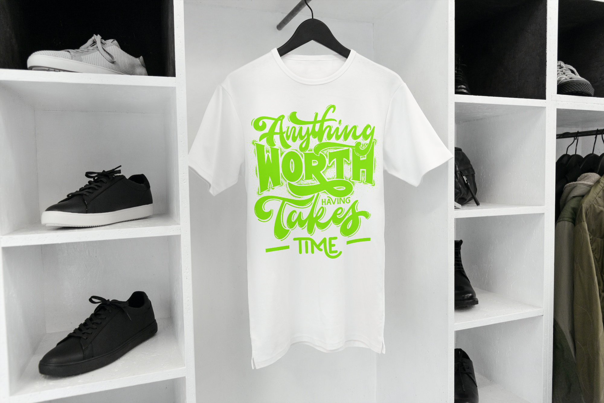 MOTIVATIONAL WHITE AND FLUORESCENT GREEN T-SHIRT