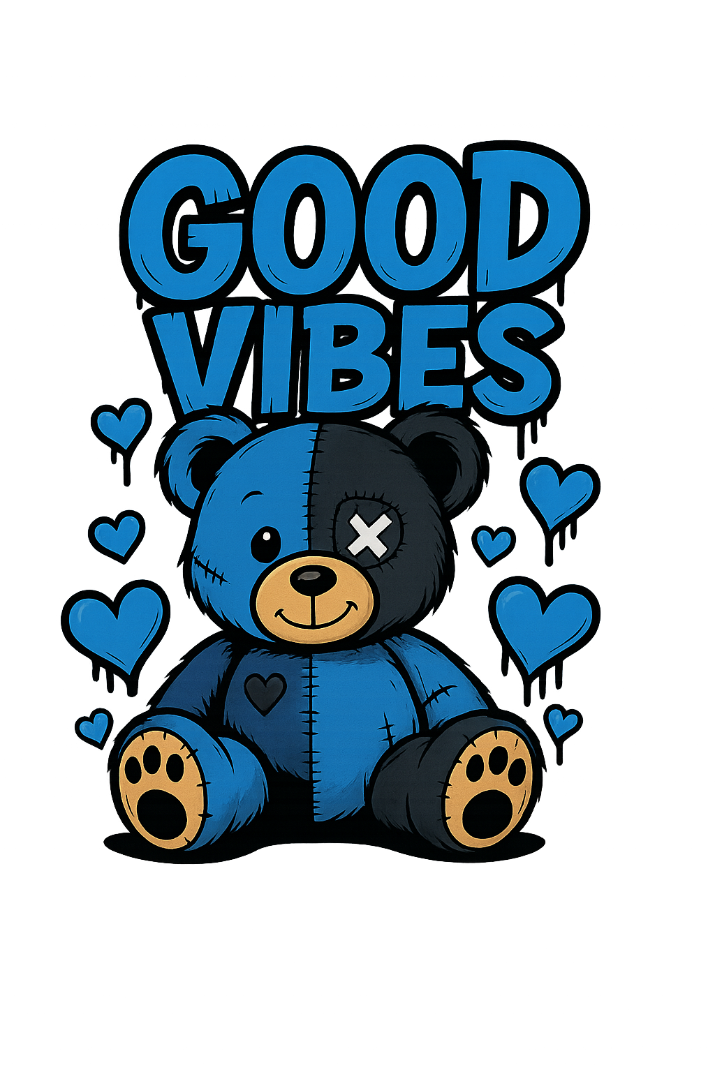 Good Vibes Bear – Blue PNG (Transparent Background)