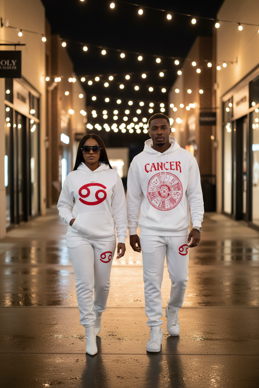 Cancer White Red Hoodie Jogger Set - Couple Walking Editorial