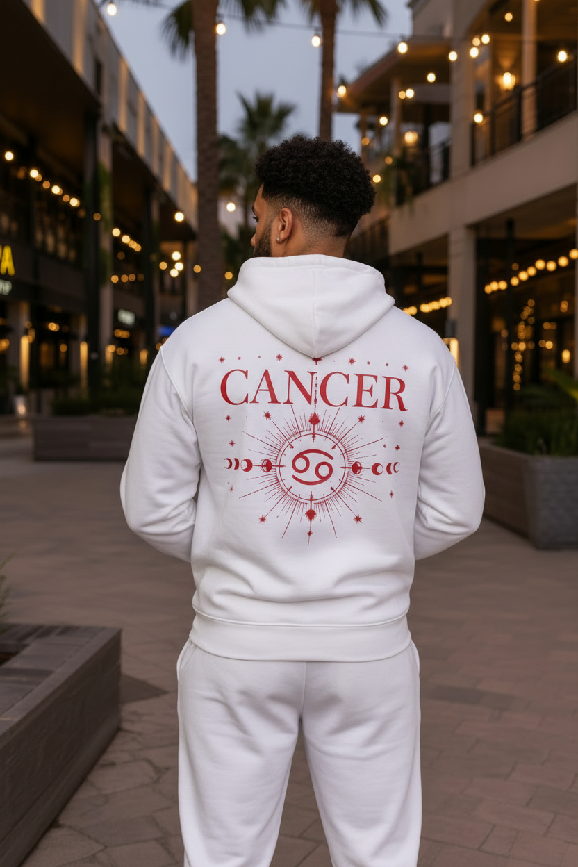 Cancer White Red Hoodie Jogger Set - Man Back Graphic