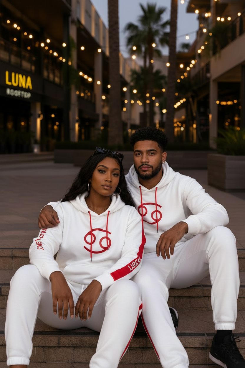Cancer White Red Hoodie Jogger Set - Couple Seated