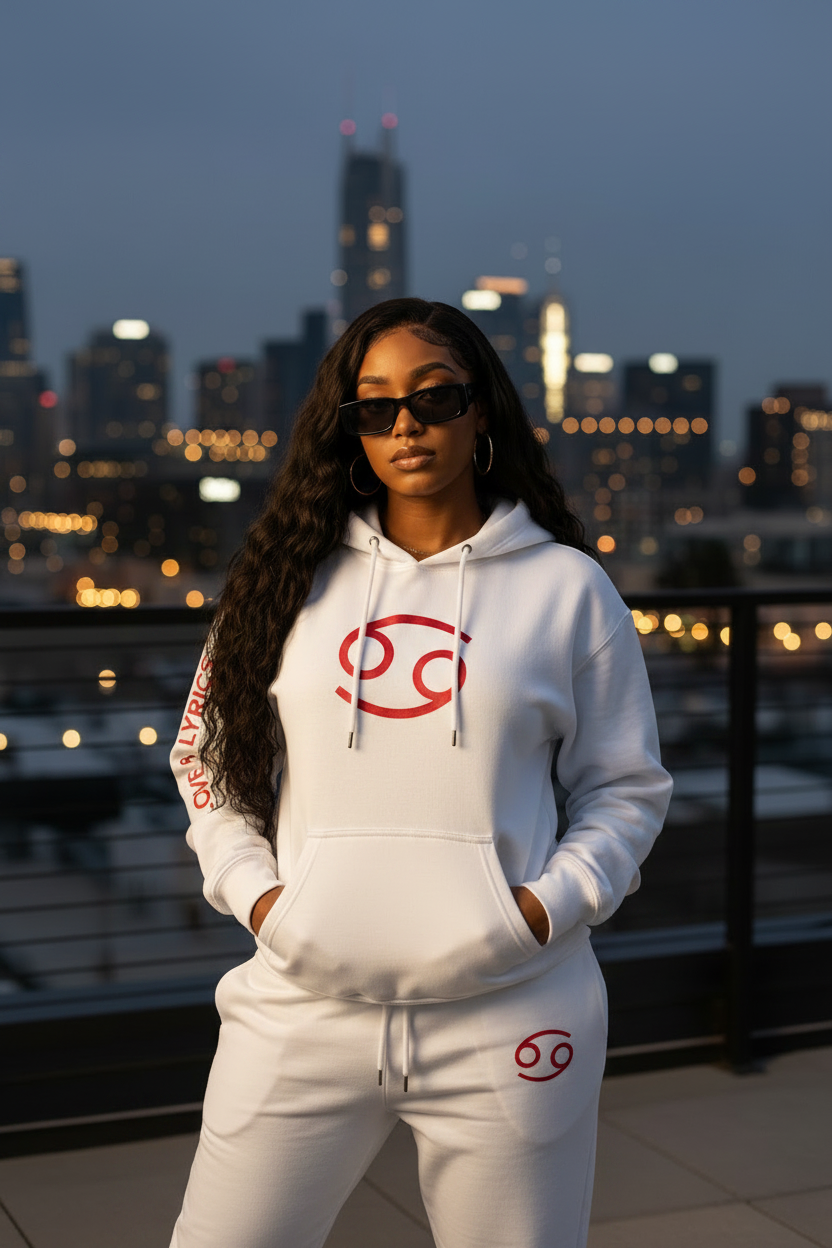 Cancer White Red Hoodie Jogger Set - Woman Solo Rooftop