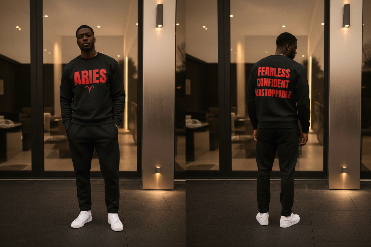 Aries Premium Crewneck Sweatshirt — Black/Red — Front and back view on male model
