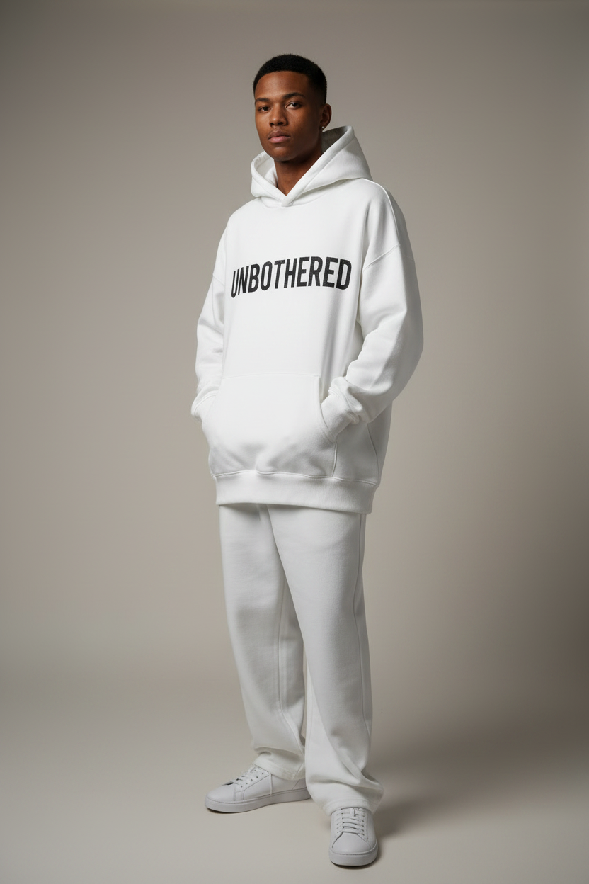 UNBOTHERED™ Clean Hoodie — White on model