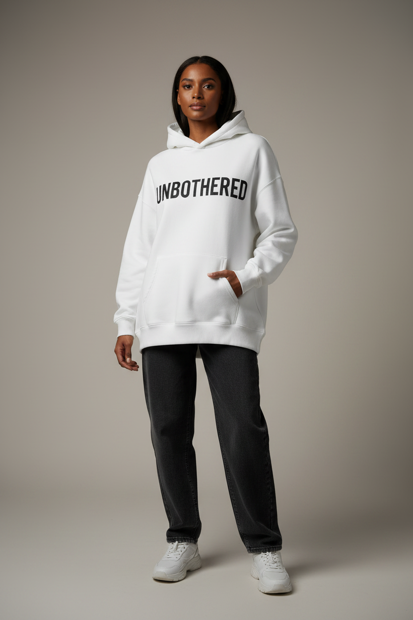 UNBOTHERED™ Clean Hoodie — White on woman